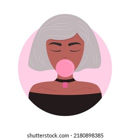 Beautiful dark skin female face with pink bubble gum isolated on white background. Cute trendy cartoon female character with bubble gum flat vector