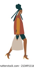 Beautiful dark skin woman in fashionable outfit. Caucasian girl with dreadlocks. Model wearing oversize jacket, cycling shorts, shopper bag. Stylish clothes vector illustration on white background.
