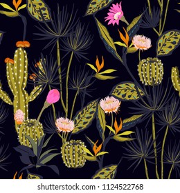 Beautiful Dark Summmer Night Seamless Pattern Vector Tropical ,flower,bird Of Paradise And Cactus Forest ,hand Drawing Style For Fashion,fabric And All Prints On Navy Blue Background.