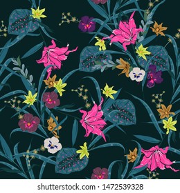 Beautiful dark tropical and blooming of botanic plants seamless pattern with exotic flowers and leaves. Seamless colorful pattern .Design for for fashion , fabric, web ,and all prints on black