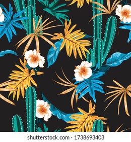 Beautiful dark tropical with cactus,hibiascus flower and exotic jungle leaves seamless pattern vector EPS10 ,design for all prints on black