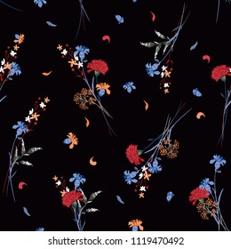 Beautiful dark wild flower pattern Botanical Motifs scattered random. Seamless vector texture. For fashion prints. Printing with in hand drawn style on black  background.