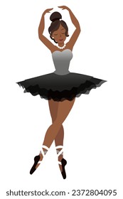 
A beautiful dark-skinned ballerina in a black tutu and pointe shoes dances on a white background.