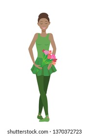Beautiful dark-skinned ballerina in a green dress with a red bouquet of flowers after performance. Vector illustration EPS-8