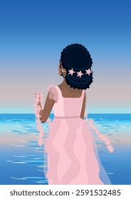 Beautiful dark-skinned girl admires the sea at sunset. View from the back. Summer tropical vacation and travel. Vector illustration.