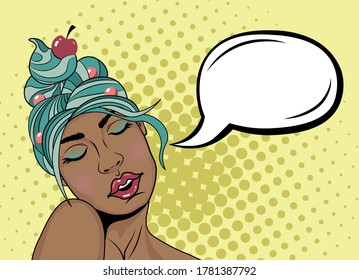 Beautiful dark-skinned girl with a blissful face and hair as a cupcake with pink edible confetti and cherry on the top. Pop-art portrait vector illustration on yellow background with speech bubble