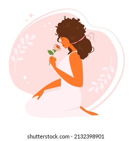 Beautiful dark-skinned girl with a flower in her hands. The concept of beauty, women's health and tranquility. Vector illustration.
