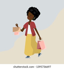 Beautiful dark-skinned girl with packages from the store Vector illustration