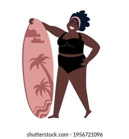 A beautiful dark-skinned surfer girl in a black swimsuit stands and holds a pink surfboard, she smiles and is happy. Active recreation. Vector illustration isolated on a white background