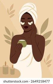 Beautiful dark-skinned woman applying cream or patches on her face. Skin care, relaxation, self-care in flat vector style, aesthetics, morning or evening. For women's health and cosmetology projects