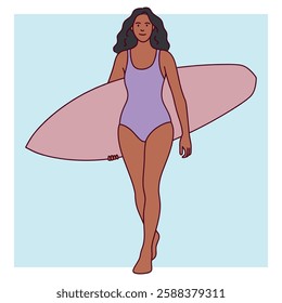 A beautiful dark-skinned woman in a purple swimsuit carries a surfboard as she walks towards the ocean, excited for an adventure. Flat vector illustration.