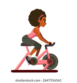 A beautiful dark-skinned woman is spinning a spin bike.Vector illustration isolated on white background.