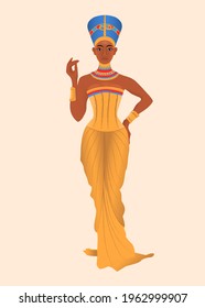 Beautiful dark-skinned woman stylized into Nefertiti full-length. Egyptian woman. Vector illustration.