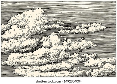 Beautiful dashed hand draw clouds in the sky. Linear background. Pen and ink renaissance book etching / engraving style illustration. Line art with lights and shadows.