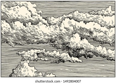 Beautiful dashed hand draw clouds in the sky. Linear background. Pen and ink renaissance book etching / engraving style illustration. Line art with lights and shadows.