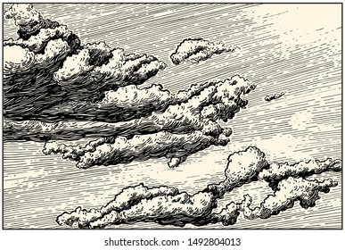 Beautiful dashed hand draw clouds in the sky. Hard style with thin linear background. Pen and ink renaissance book etching / engraving style illustration. Line art with lights and shadows.