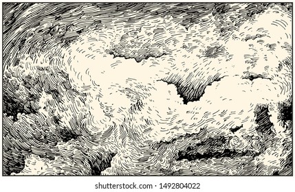 Beautiful dashed hand draw clouds in the sky. Pen and ink renaissance book etching / engraving style illustration. Line art with lights and shadows.