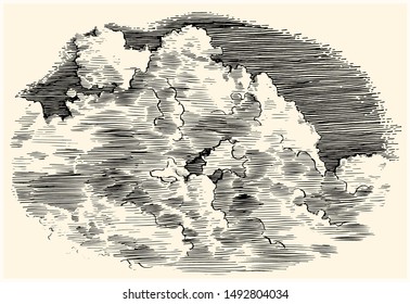 Beautiful dashed hand draw clouds in the sky. Linear background. Pen and ink renaissance book etching / engraving style illustration. Line art with lights and shadows.