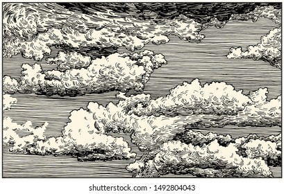 Beautiful dashed hand draw clouds in the sky. Linear background. Pen and ink renaissance book etching / engraving style illustration. Line art with lights and shadows.