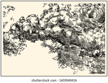 Beautiful dashed hand draw clouds in the sky. Linear background. Pen and ink renaissance book etching / engraving style illustration. Line art with lights and shadows.