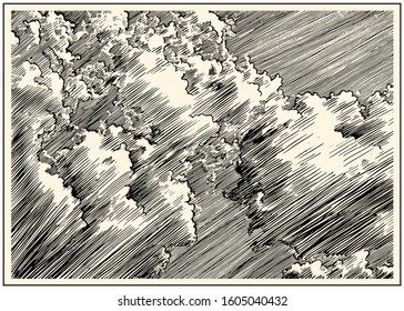 Beautiful dashed hand draw clouds in the sky. Linear background. Pen and ink renaissance book etching / engraving style illustration. Line art with lights and shadows.