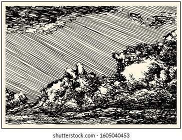 Beautiful dashed hand draw clouds in the sky. Linear background. Pen and ink renaissance book etching / engraving style illustration. Line art with lights and shadows.