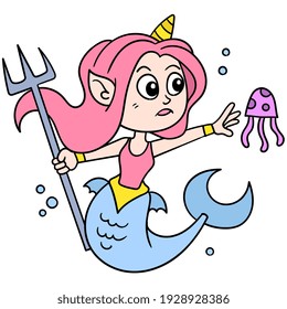 beautiful daughter of god lord of the sea carrying a spear playing with jellyfish, vector illustration art. doodle icon image kawaii.