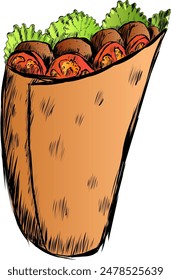 Beautiful daurma with tomatoes lettuce and meat. Cartoon Stroke Style With Stroke Sketch Style. Vector illustration Fast food that has spread all over the world