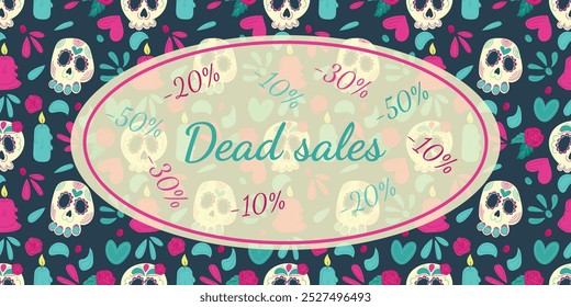 Beautiful Day of the dead background with dead sales advertisement with skull designs. Dia de los Muertos concepts. October sales, web banner, flyer design, print pattern with copy space