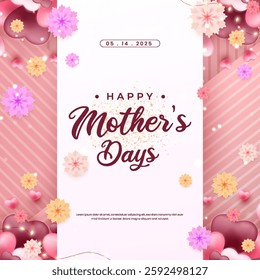 Beautiful Mother’s Day greeting card design featuring flowers, heart decorations, and a soft pink background. Perfect for celebrating moms on this special day with love and appreciation.