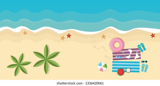 beautiful day on the palm beach with beach utensils starfish flipflops bikini sunglasses watermelon and ball vector illustration EPS10