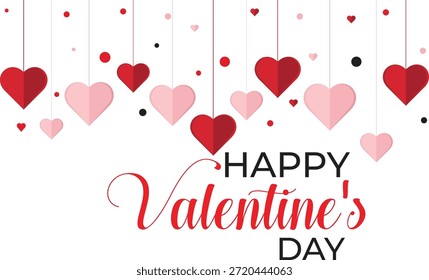 Hermoso fondo romántico del día de San Valentín con corazones rojos y rosados colgantes sobre un fondo oscuro. Ideal para tarjetas de felicitación, mensajes de amor, gráficos de redes sociales, carteles, Anuncios, invitaciones, diseños de bodas y promociones de San Valentín.