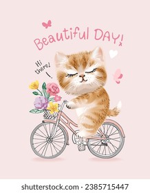 beautiful day slogan with cute kitten riding bicycle vector illustration