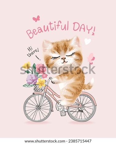 beautiful day slogan with cute kitten riding bicycle vector illustration