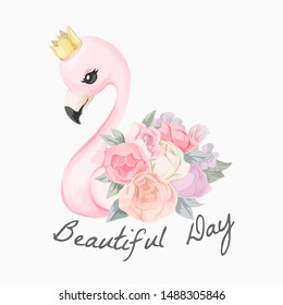 beautiful day slogan with flamingo and flower illustration