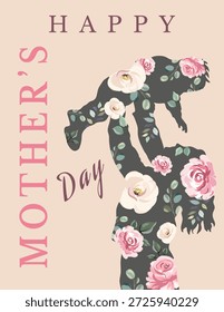 Hermosa Ilustración vectorial del Día de la Madre con elegante silueta de madre e hijo llena de Elementos florales. Perfecto para tarjetas de felicitación, carteles, Anuncios, Plantillas y diseños festivos de vacaciones.