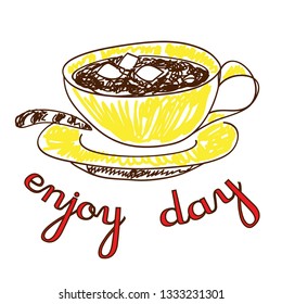 beautiful day with a yellow cup of cocoa or coffee