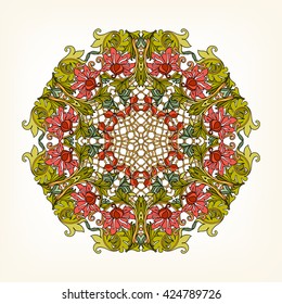 Beautiful Deco Vintage flowers Mandala in red and green. Patterned Design Element, Ethnic Amulet Vector illustration.