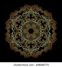 Beautiful Deco Vintage flowers Mandala , Gold outline on black background. Patterned Design Element, Ethnic Amulet Vector illustration.