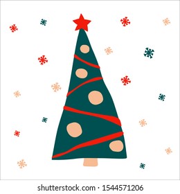 Beautiful decorated Christmas tree with garlands and balls on a white background with snowflakes. Vector illustration, in scandinavian hand drawn style, square format. Suitable for social media.