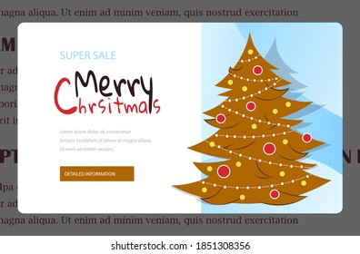 Beautiful decorated Christmas tree for Merry Christmas celebration. New Year and Merry Christmas background template. Modern website template designs. Design concepts of web page design for website. 