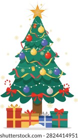 Beautiful decorated Christmas tree with presents underneath