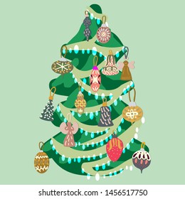 Beautiful decorated Christmas tree with toys and lights on mint green background. Vector