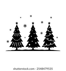 Beautiful decorated Christmas trees and snowflakes. Black silhouette. Front side view. Vector simple flat graphic illustration. Isolated object on white background. Isolate.