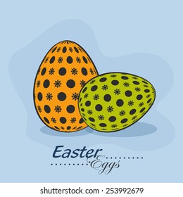 Beautiful decorated eggs on blue background for Happy Easter celebration.
