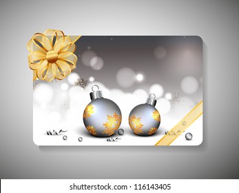 Beautiful decorated gift card with ribbon for Merry Christmas celebration. EPS 10.