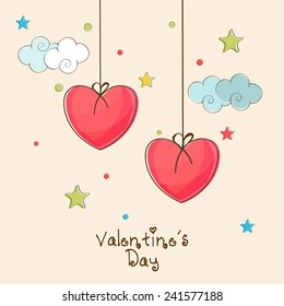 Beautiful decorated love greeting card for Happy Valentine's Day celebration with hanging red heart shape balloons.