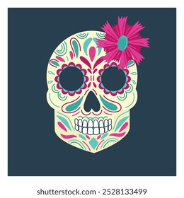 Beautiful decorated skull with calendula flower in turquoise blue, pink colors symbol The day of dead or dia de los muertos. Hand drawn vector flat colored illustration. Mexican traditional holiday