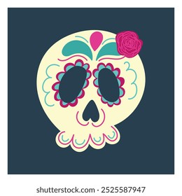 Beautiful decorated skull with rose in turquoise blue and pink colors as a The day of dead or dia de los muertos. Hand drawn vector flat colored illustration. Mexican traditional holiday