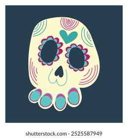 Beautiful decorated skull with rose in turquoise blue and pink colors as a The day of dead or dia de los muertos. Hand drawn vector flat colored illustration. Mexican traditional holiday